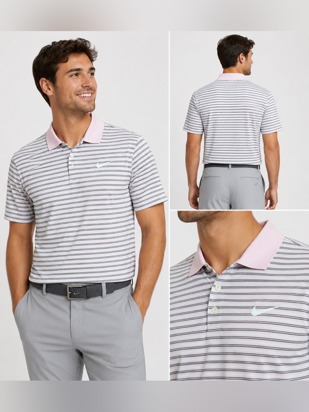 Nike Dri-FIT Golf Polo Shirt – Men’s Medium – Pink Gray Striped Athletic Polo